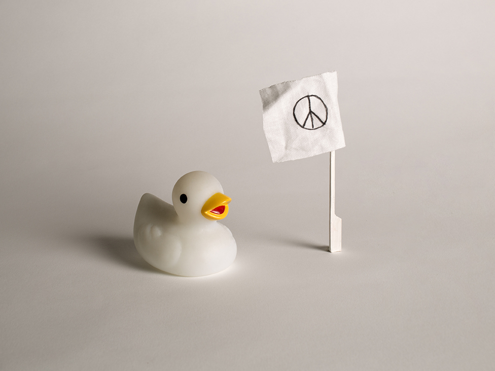 photographie d'un canard en plastique blanc avec un drapeau représentant le signe de paix